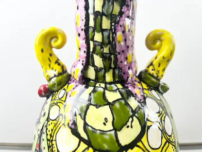 Abstract Studio Multi-Color Hand Painted Ceramic Vase Signed & Dated 1999