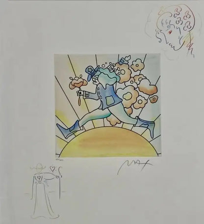 Peter Max Flower Jumper Over Sunrise Etching & Hand-Coloring Signed & Framed 2016