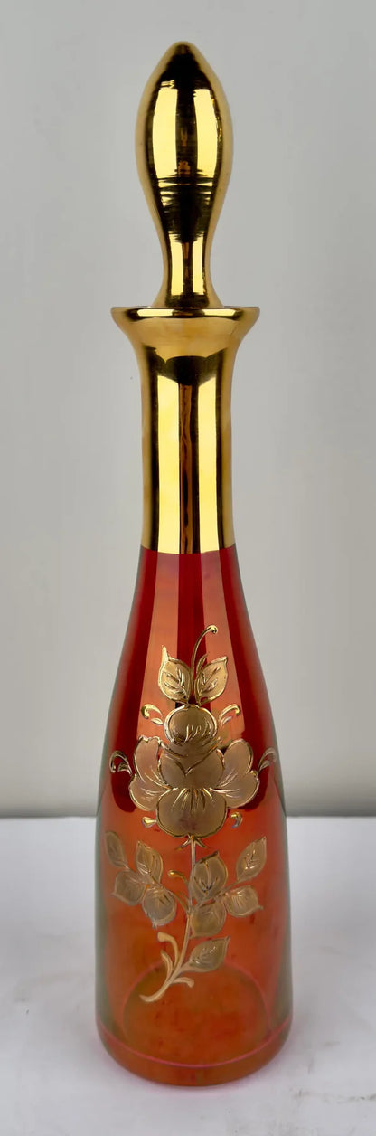 Art Nouveau Austrian Ruby & 24K Gold Etched Wine Glasses and Decanter, Set of 7