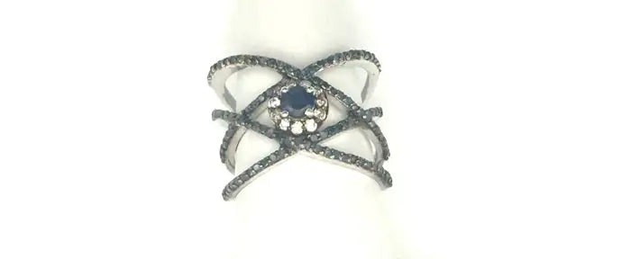 Blue Sapphire & Diamond Crisscross Cocktail Ring in Silver
