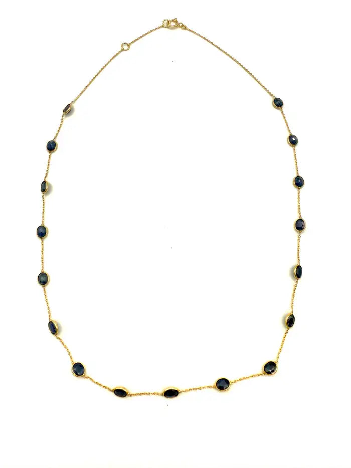 7.80 Carat Oval Blue Sapphire Station Chain Necklace in 18k Solid Yellow Gold