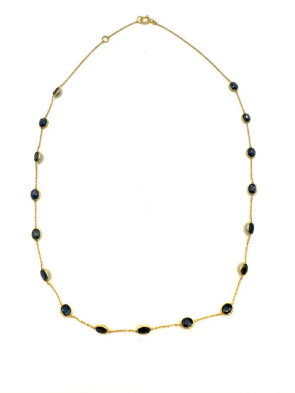 7.80 Carat Oval Blue Sapphire Station Chain Necklace in 18k Solid Yellow Gold