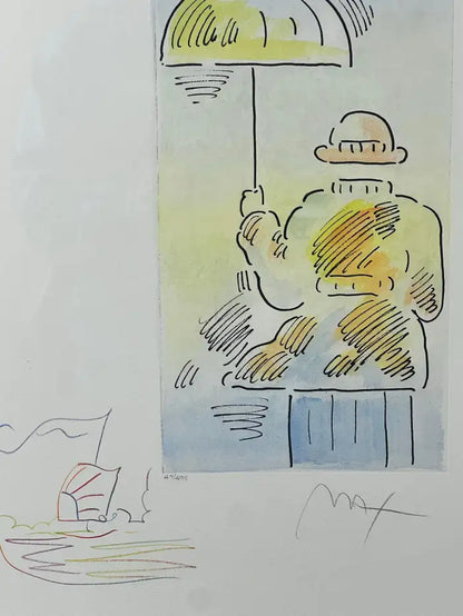 Peter Max Umbrella Man III (Angel with Heart/Sailboat) Hand Colored Etching 2018