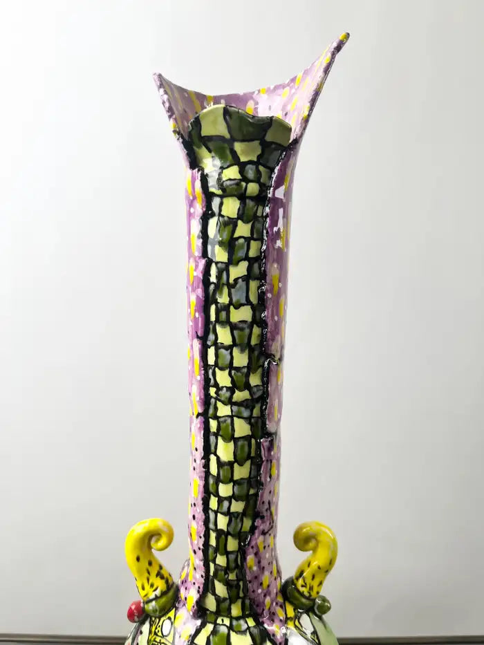 Abstract Studio Multi-Color Hand Painted Ceramic Vase Signed & Dated 1999