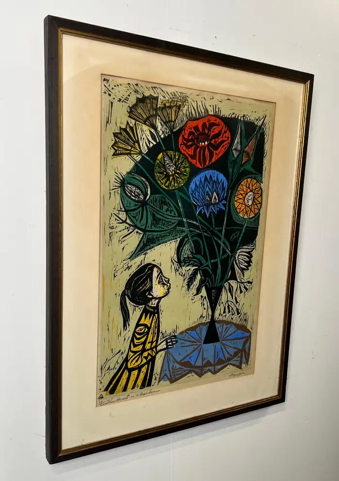 Irving Amen, The Heart is a Garden, Signed & Numbered Color Woodcut Print 1964