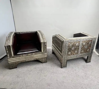 Paul Evans Style Brutalist Handmade Brass & Leather Lounge Chair, a Pair