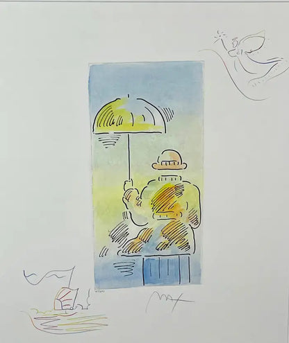 Peter Max Umbrella Man III (Angel with Heart/Sailboat) Hand Colored Etching 2018