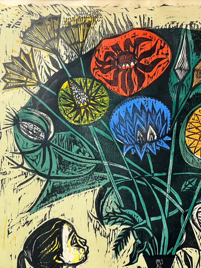 Irving Amen, The Heart is a Garden, Signed & Numbered Color Woodcut Print 1964