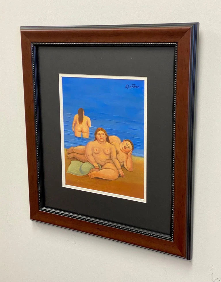 Fernando Botero Watercolor Painting, Man & Women at the Beach, Signed & Framed