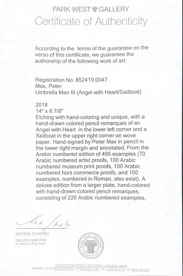 Peter Max Umbrella Man III (Angel with Heart/Sailboat) Hand Colored Etching 2018