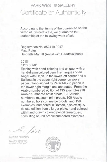 Peter Max Umbrella Man III (Angel with Heart/Sailboat) Hand Colored Etching 2018