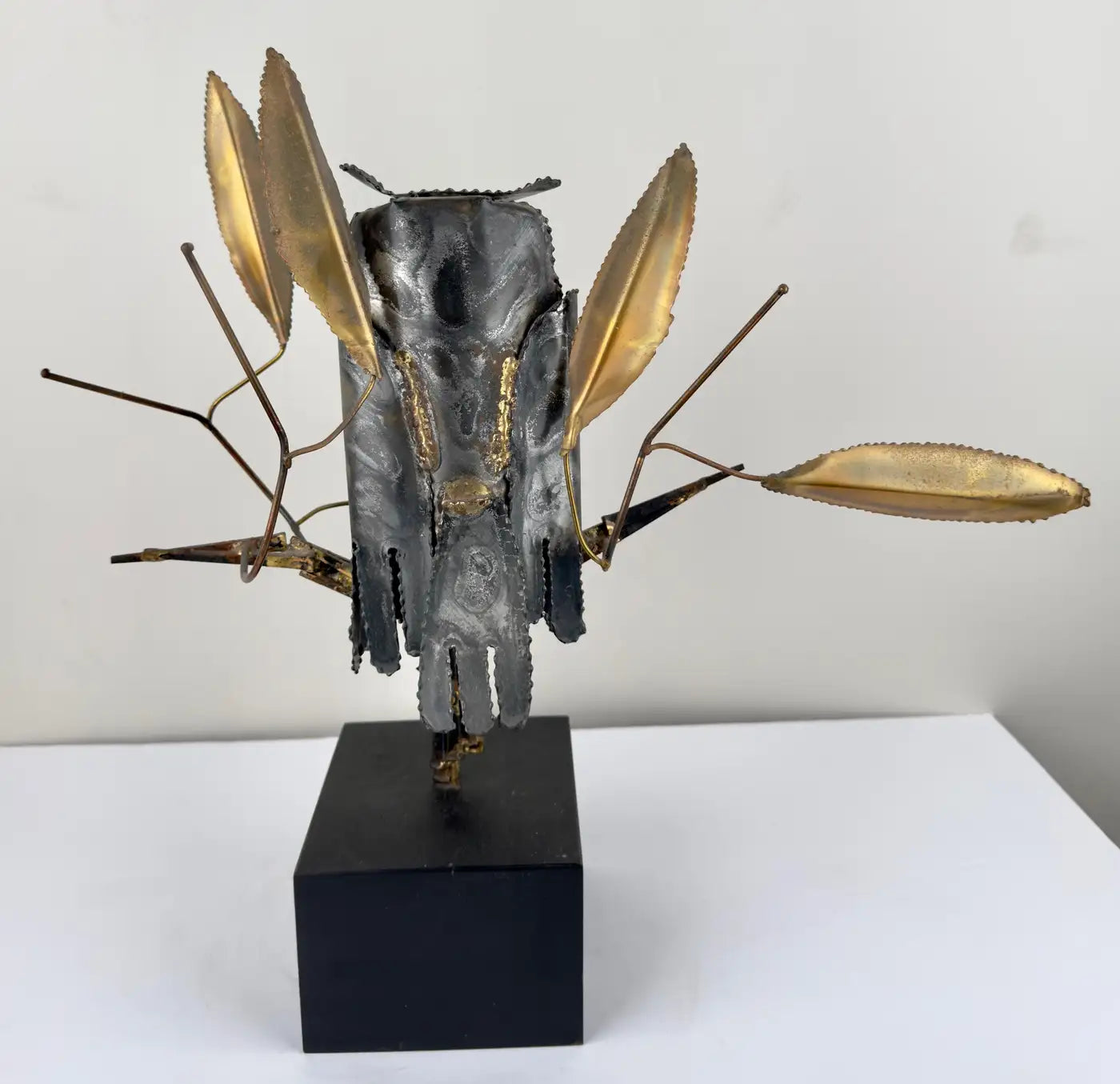 DeGroot Brutalist MCM Brass & Metal Owl Sculpture, Signed