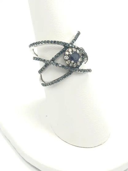 Blue Sapphire & Diamond Crisscross Cocktail Ring in Silver