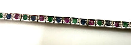 Art Deco Style Sterling Silver Ruby, Emerald & Sapphire Tennis Bracelet, 9 CT