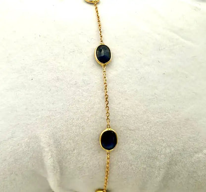 2.5 Ct Oval Cut Blue Sapphire Station Chain Stackable Bracelet 18K Yellow Gold
