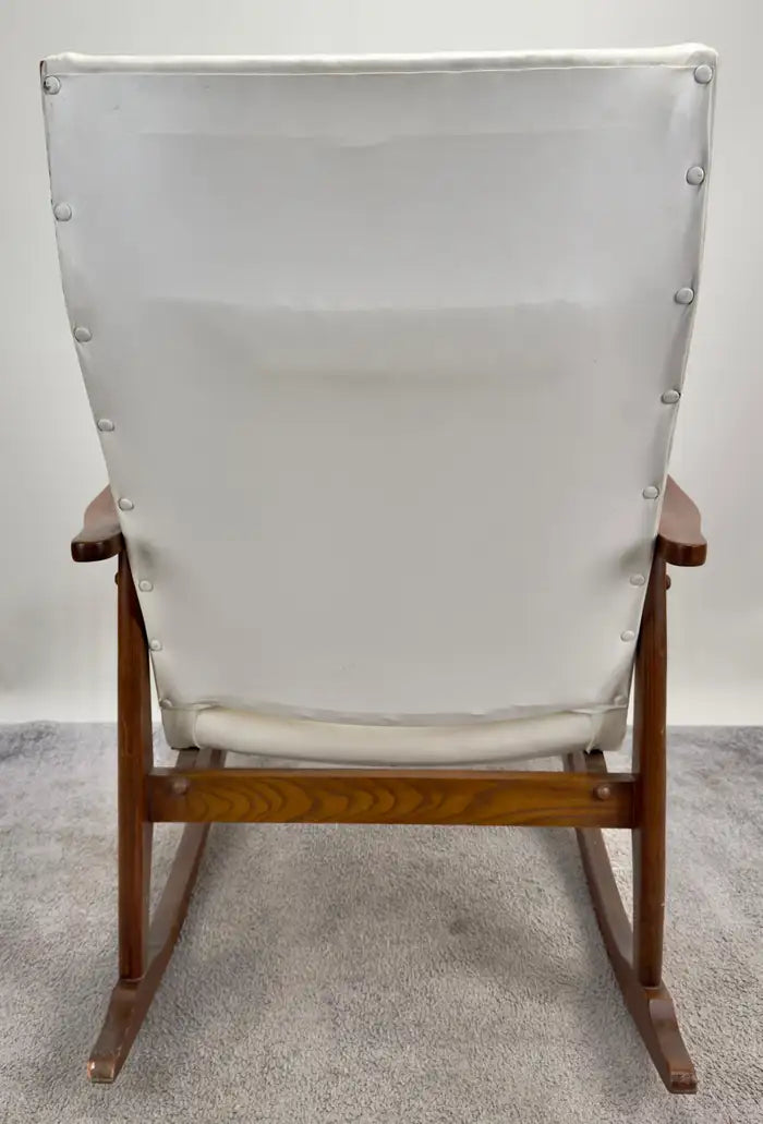 Milo Baughman Style MCM in White Faux Leather Rocking Chair