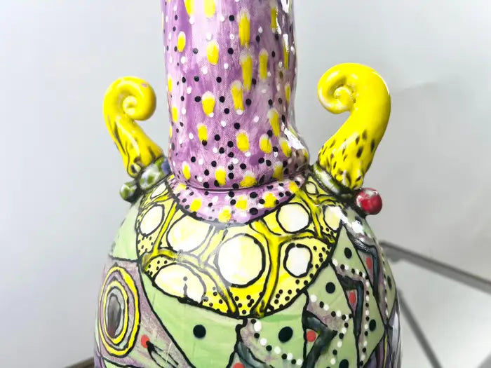 Abstract Studio Multi-Color Hand Painted Ceramic Vase Signed & Dated 1999