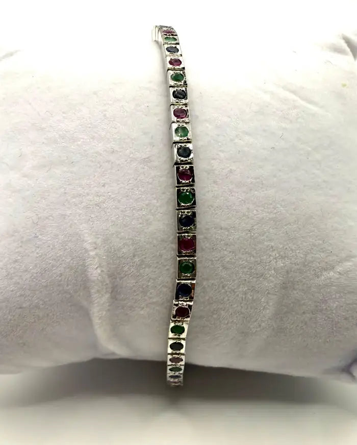 Art Deco Style Sterling Silver Ruby, Emerald & Sapphire Tennis Bracelet, 9 CT