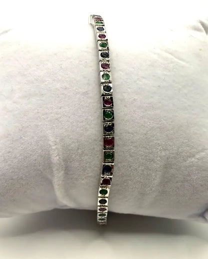 Art Deco Style Sterling Silver Ruby, Emerald & Sapphire Tennis Bracelet, 9 CT