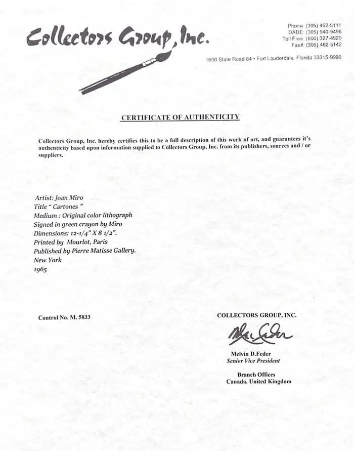 Joan Miro "Cartones " Original Color Lithograph Hand Signed and Framed, 1965 1965