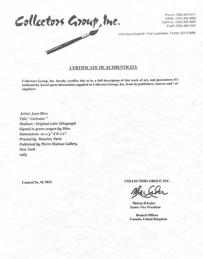 Joan Miro "Cartones " Original Color Lithograph Hand Signed and Framed, 1965 1965