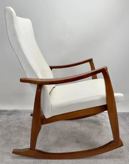 Milo Baughman Style MCM in White Faux Leather Rocking Chair