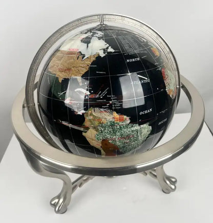 Handcrafted Semi-Precious Stone Globe on Decorative Metal Stand with Compass
