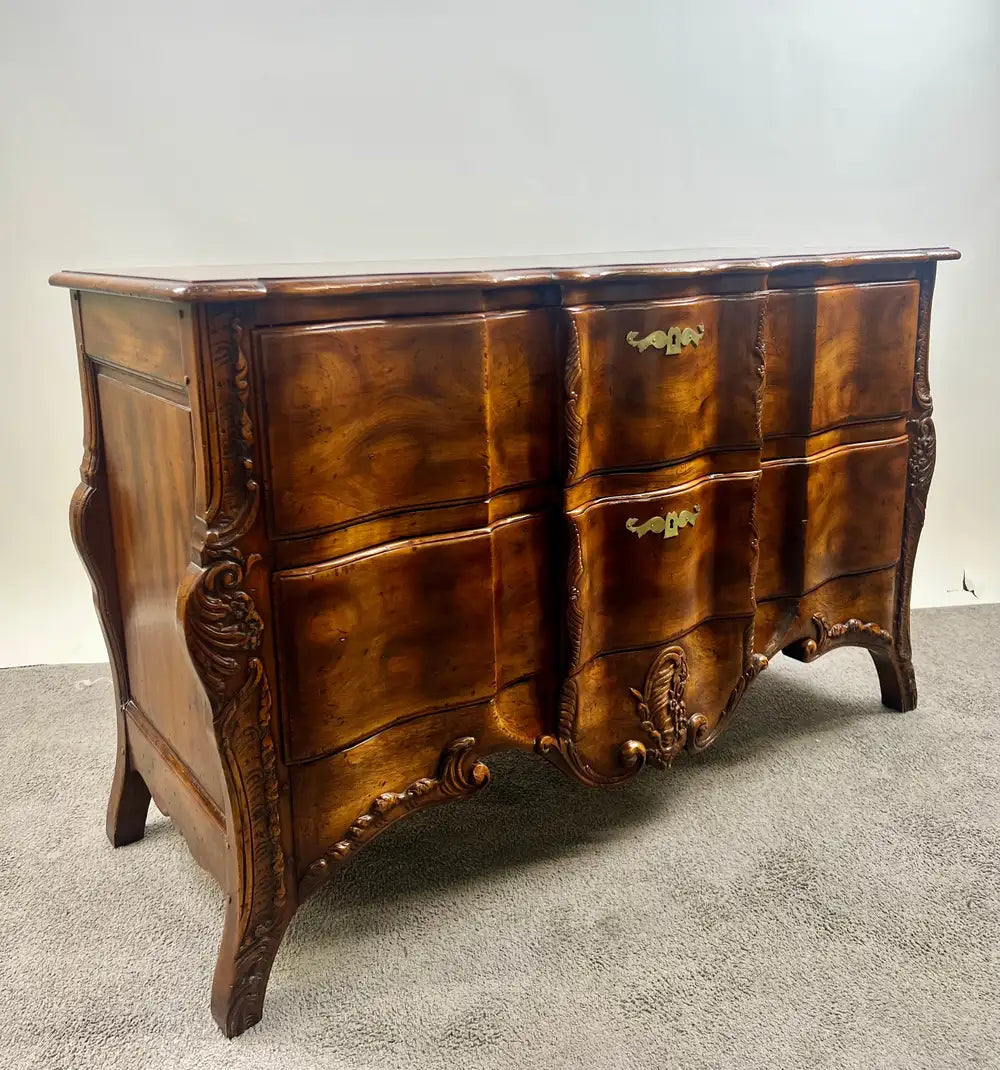 John Widdicomb French Provincial Bombe Serpentine Burl Walnut Commode Dresser