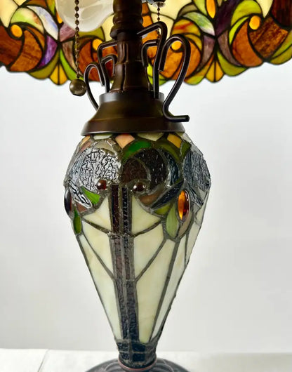 Art Nouveau Tiffany Style Brown & Green Stained Glass Table Lamp, a Pair