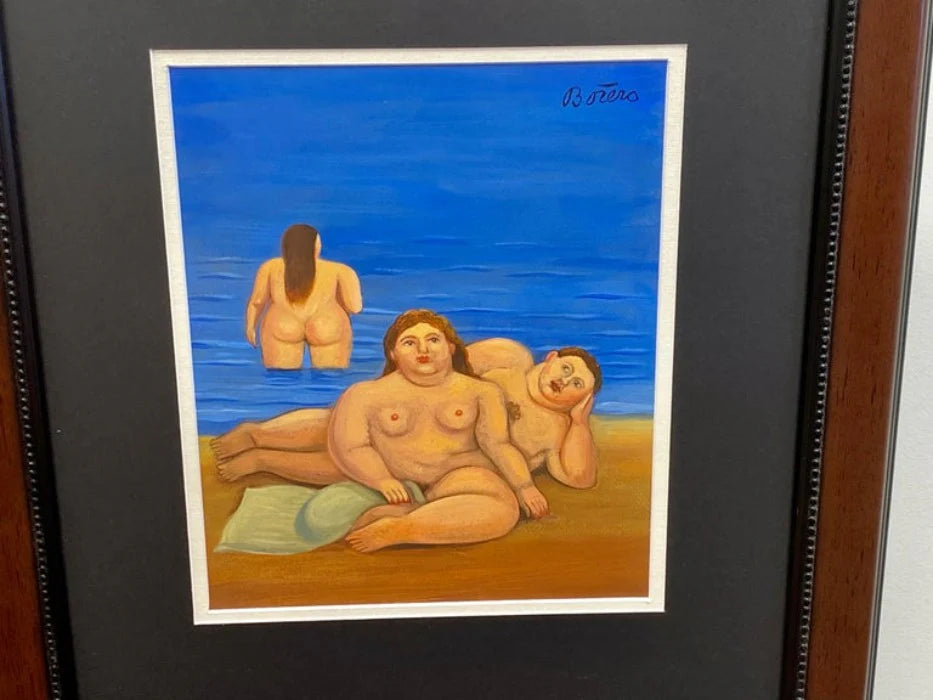 Fernando Botero Watercolor Painting, Man & Women at the Beach, Signed & Framed