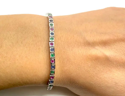 Art Deco Style Sterling Silver Ruby, Emerald & Sapphire Tennis Bracelet, 9 CT