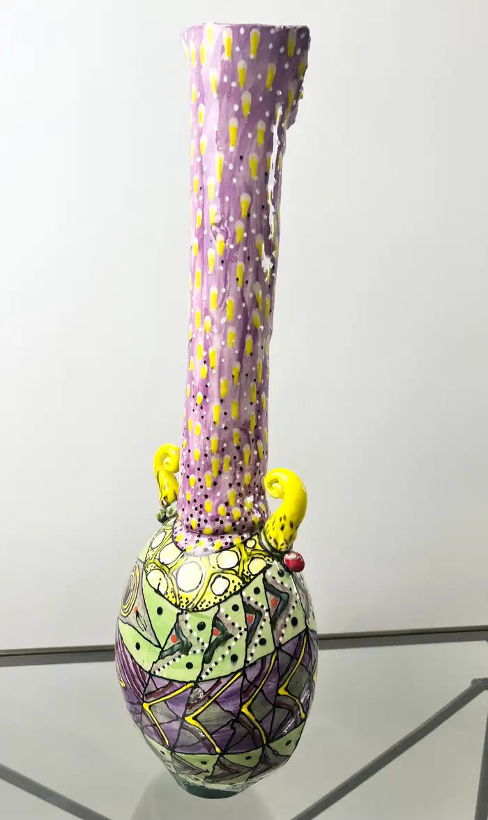 Abstract Studio Multi-Color Hand Painted Ceramic Vase Signed & Dated 1999
