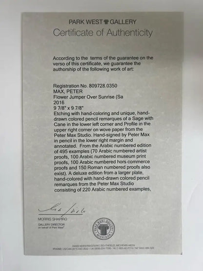 Peter Max Flower Jumper Over Sunrise Etching & Hand-Coloring Signed & Framed 2016