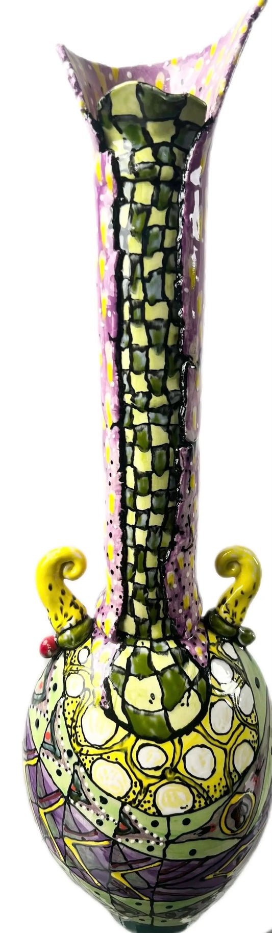 Abstract Studio Multi-Color Hand Painted Ceramic Vase Signed & Dated 1999