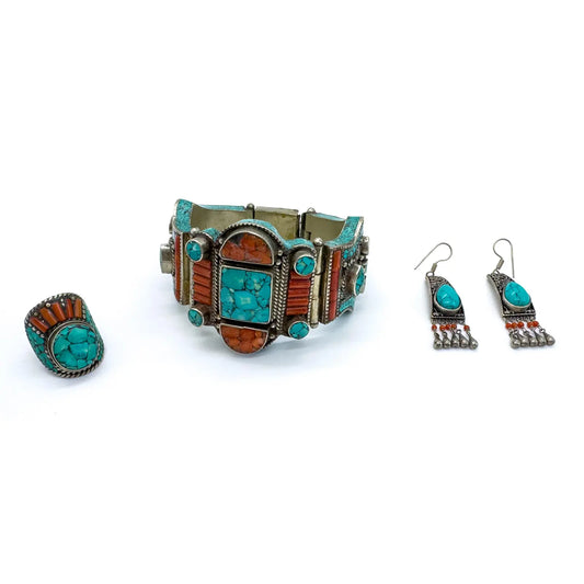 Vintage Moroccan Tribal Turquoise & Coral Jewelry Set, Cuff , Ring , Pair of Earrings (4 Pcs)